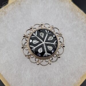 Vintage 925 Sterling Silver Mexico Black Onyx Carved Brooch Pendant